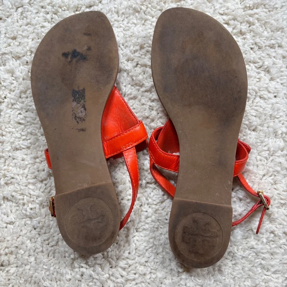Tory Burch Orange Leather Thong Sandals with Gold‎ Logo Detail Women's Size 7